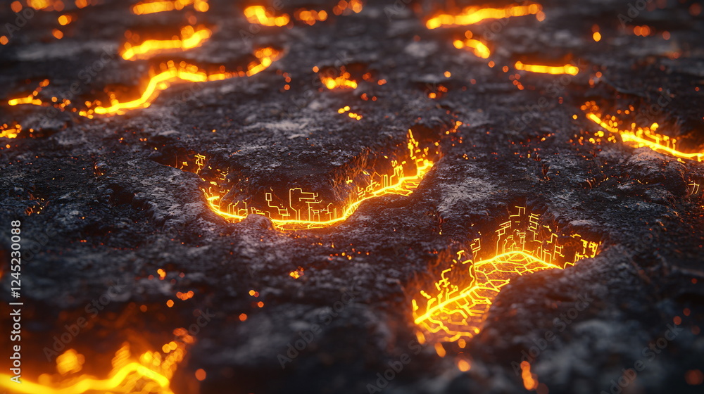 Poster glowing cracks in dark volcanic rock with illuminated lava veins creating an otherworldly landscape 