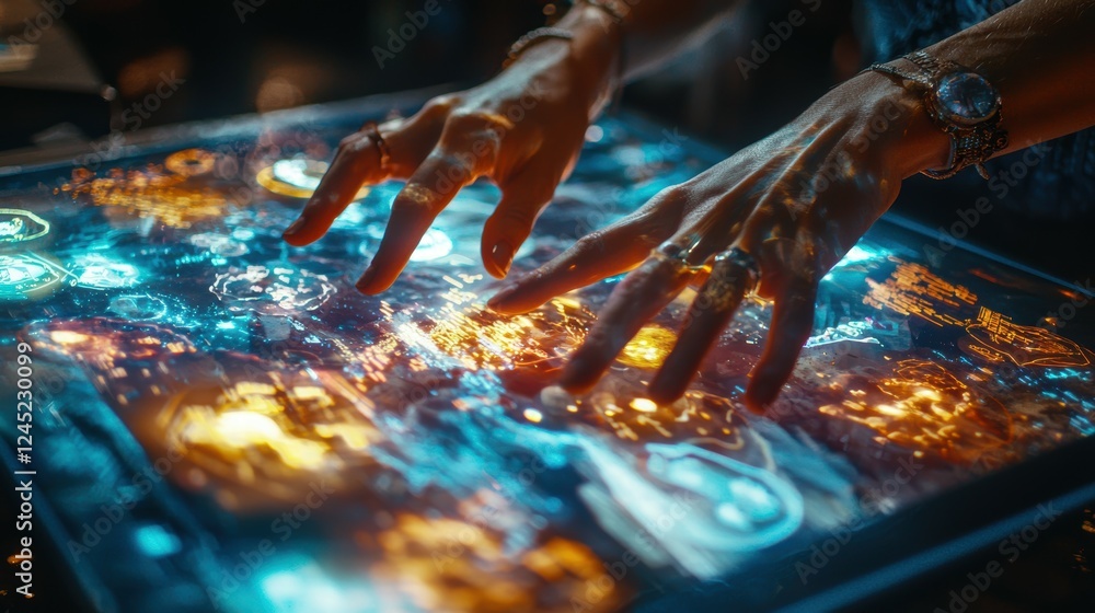 Poster hands orchestrating a complex workflow on a futuristic touch screen