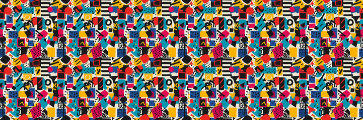 Seamless pattern with geometric shapes in the style. Multicolored vintage background with triangles, circles and squares for textile, fabric and Sudanese fabric art.