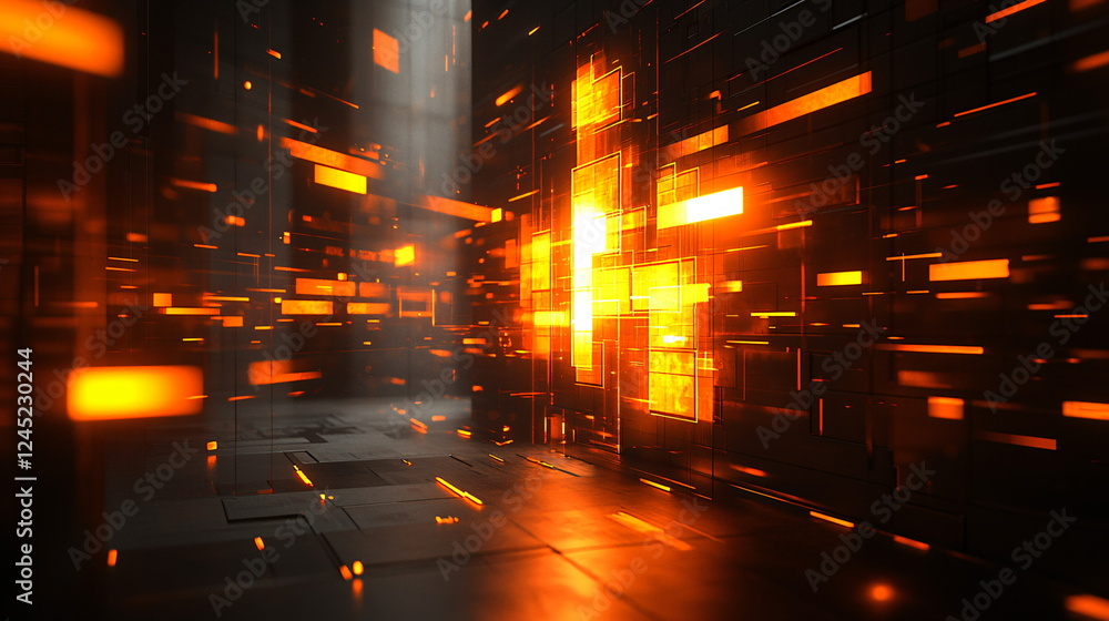 Poster bright orange light beams streaming through a dark, abstract corridor filled with geometric shapes a