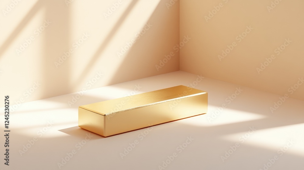 Poster a gold bar placed in the center of a smooth surface, reflecting soft light from different angles.