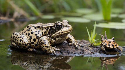 Obraz premium Froggy Friends: A Happy Reunion at the Pond
