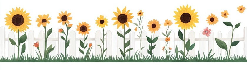 Colorful Watercolor Sunflower Collection with Golden Tones and White Fence in Vibrant Garden Scene