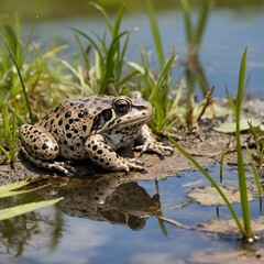 Fototapeta premium Friends by the Water: A Gopher Frog's Joyful Assembly