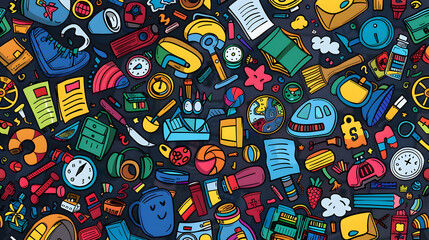 Obraz premium A vibrant collage of various colorful doodles representing everyday objects and activities