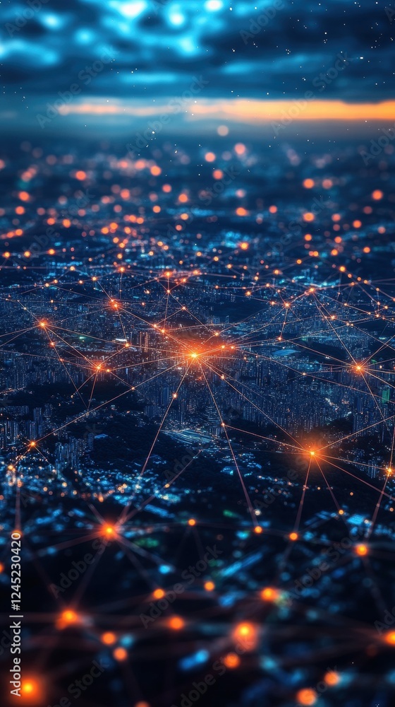 Poster glowing network of lines connecting glob with data visualization elements
