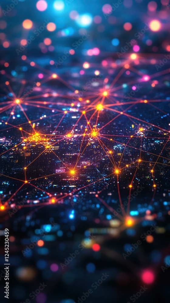Aufkleber glowing network of lines connecting glob in abstract cityscape view