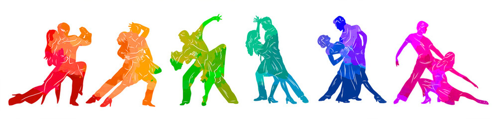 Paired dancing silhouettes of people, dancers man and woman, girl and guy. Illustration of dance. Tango. Waltz.