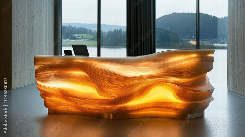 Poster modern high-tech reception desk with illuminated design in office space