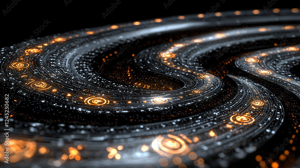 Poster glowing swirling patterns with intricate golden details and a dark background, creating a mesmerizin