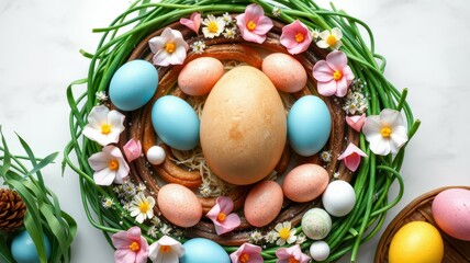 Colorful Easter egg display with flowers and decorative elements for spring celebration