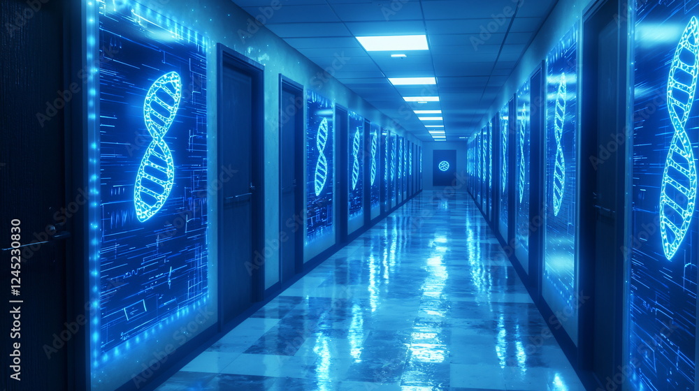 Aufkleber futuristic hallway illuminated with blue lights featuring glowing dna double helix designs on the wa
