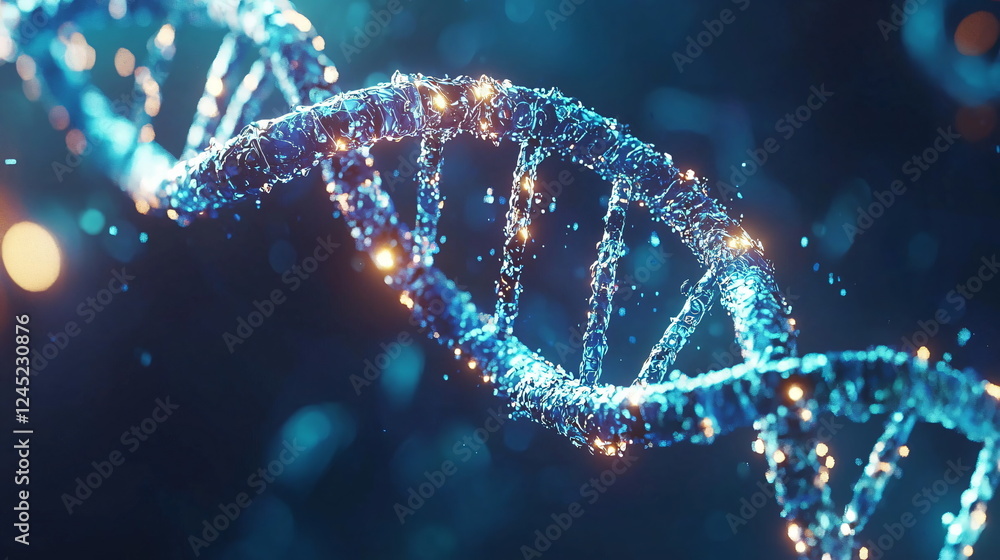 Poster molecular structure of dna with glowing particles and a holographic effect in a dark background, ill