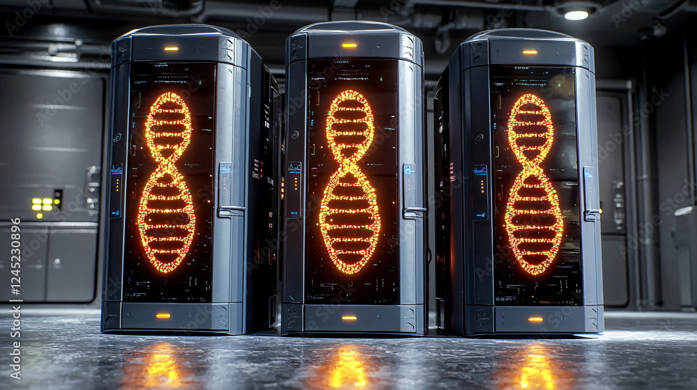 Poster high-tech server cabinets glowing with dna double helix designs on transparent screens, futuristic d