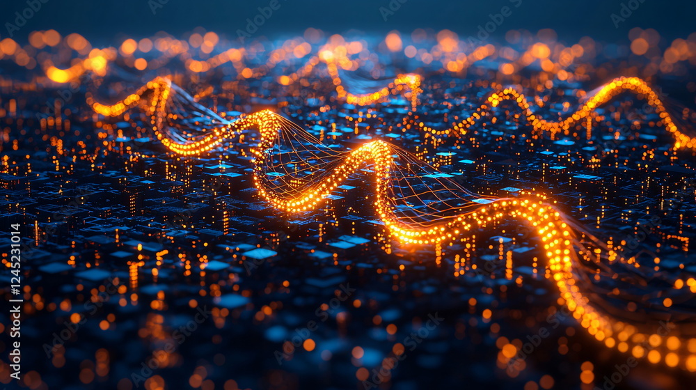 Aufkleber glowing data waves flowing over a network of interconnected nodes with a futuristic digital landscap
