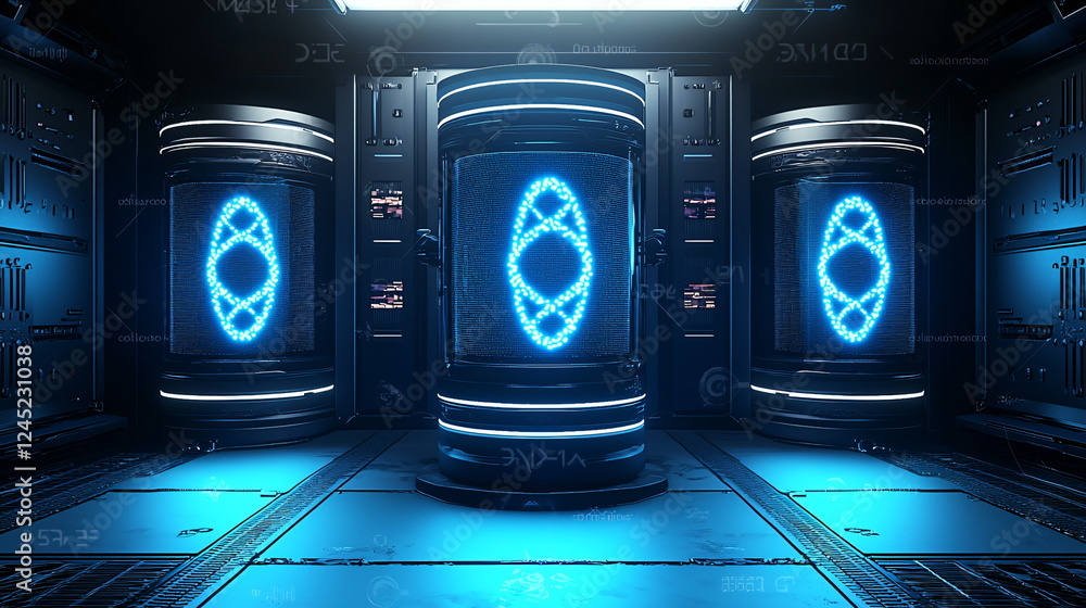 Aufkleber futuristic technology installation with glowing blue elements in a dark sci-fi environment featuring