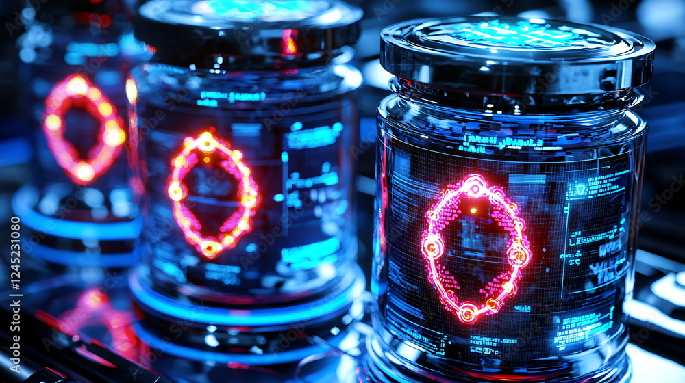 Aufkleber glowing futuristic containers with neon lights and intricate digital patterns showcased against a sl