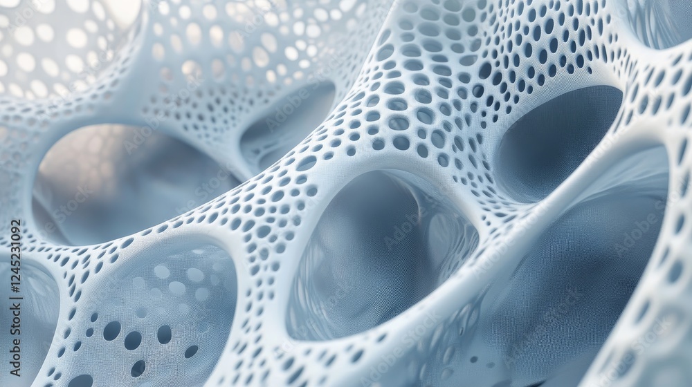 Poster abstract white mesh pattern with circular openings and soft blue hues