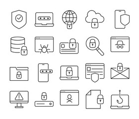 Set of internet security icons in simple thin line. Collection of icons related to cyber security, including data protection, safe browsing, password, clickbait, incognito, etc. Editable stroke