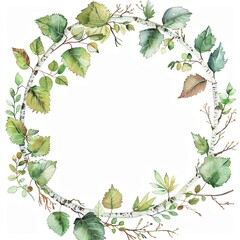 Naklejka premium Wreath of birch branches and leaves, wreath of meadow flowers, round frame of wild plants, white background