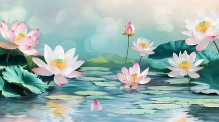 Elegant Watercolor Background of Serene Japanese Lotus Flowers in a Tranquil Water Setting