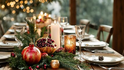 Festive dining table with candles, pomegranates, and greenery in warm holiday setting - Powered by Adobe