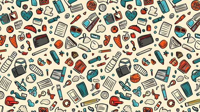 Colorful pattern featuring various objects like food, stationery, and accessories on a light background