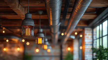 Industrial-style interior with exposed pipes, wooden beams, and vintage pendant lights.