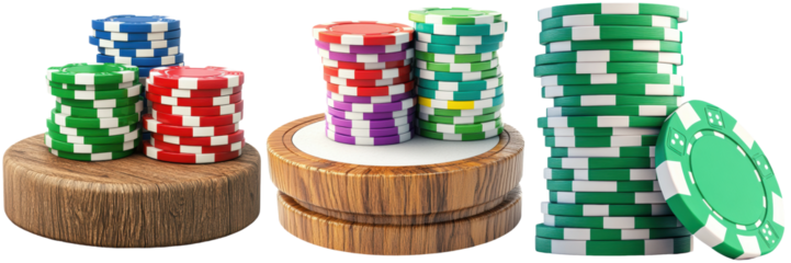 Colorful Casino Chips Stacked on Wooden and White Platforms