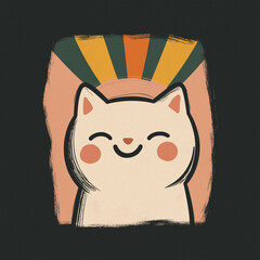 Cute cartoon illustration of a smiling cat with rosy cheeks and a retro-style background in warm pastel tones, blending vintage charm with modern design