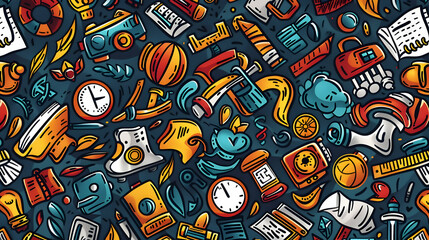 Obraz premium Colorful illustration of various everyday objects and tools scattered across a dark background (1)