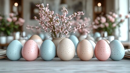 Fototapeta premium Pastel easter eggs and cherry blossoms on elegant table setting