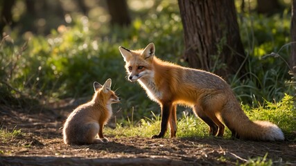 Fototapeta premium Delightful Woodland Gathering: A Fox, Rabbit, and Bird Enjoy a Picnic