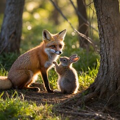 Obraz premium Magical Meal in the Woods: A Fox, Rabbit, and Bird Unite