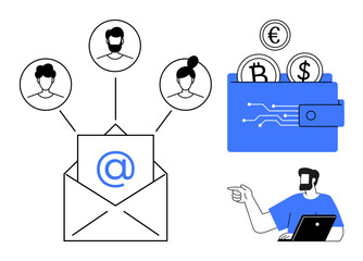 Envelope with email symbol connected to user avatars, digital wallet with cryptocurrency coins and circuit design, office worker on laptop pointing. Ideal for business communication, digital