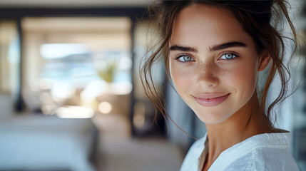Stunning Close-up Portrait of a Young Woman with Freckles and a Gentle Smile. Captivating Beauty Photography.