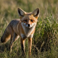 Fototapeta premium Lurking Shadows: A Kit Fox Stealthily Navigating the Grasslands