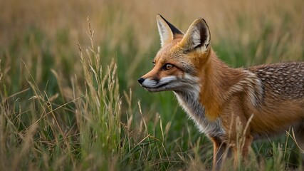 Fototapeta premium Nature’s Stealth: A Kit Fox Hidden, Ready for the Perfect Moment