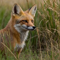 Fototapeta premium Predatory Grace: A Kit Fox Set to Leap from the Tall Grass