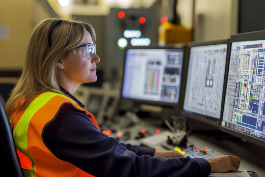 A woman in a safety vest is looking at a computer monitor