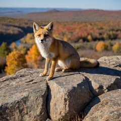 Fototapeta premium Autumn Views: A Kit Fox at the Summit, Watching the Vibrant Valley