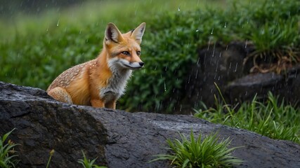 Fototapeta premium Calm in the Downpour: A Kit Fox's Peaceful Shelter