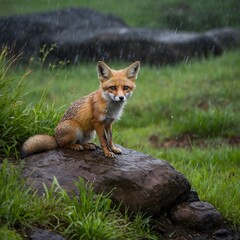 Obraz premium Raindrop Retreat: A Kit Fox Finding Solace in the Storm