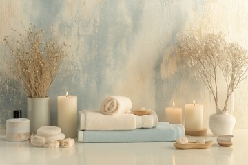 Conjunto de itens de spa com toalhas, velas e elementos decorativos em tons neutros, capturados com luz natural suave, criado com IA generativa.