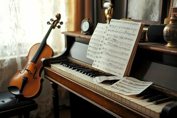 Violin rests on antique piano with sheet music.