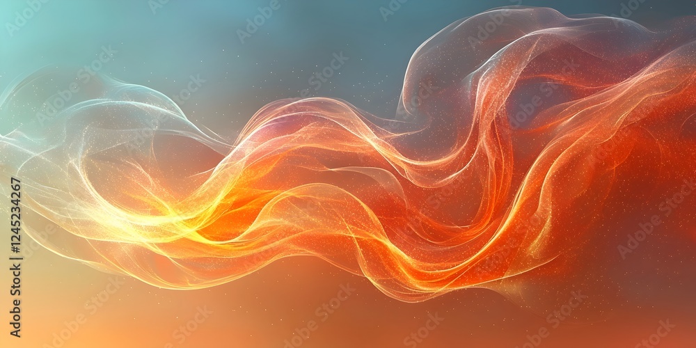 Poster an ethereal wave of vibrant orange and soft blue hues flows gracefully across the canvas, creating a