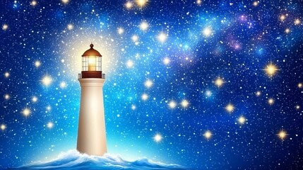Stunning Cliffside View of a Lighthouse Under a Starry Night Sky with a Peaceful Ocean Environment