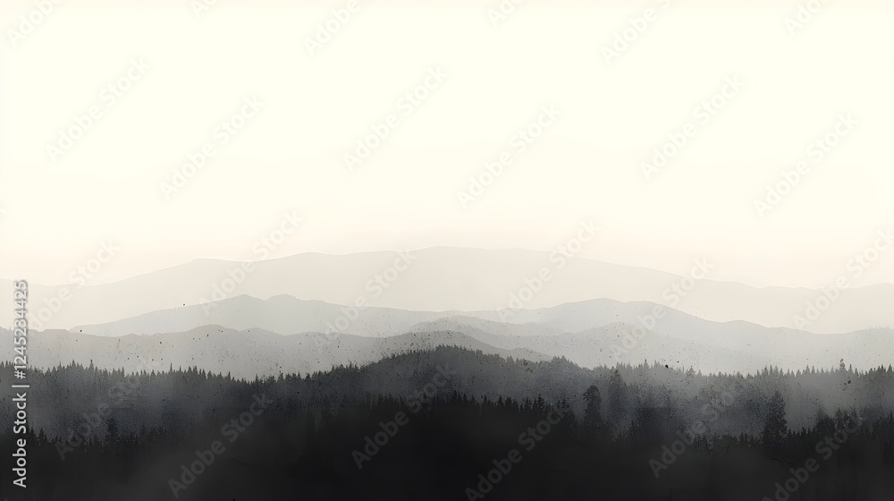 Poster serene landscape featuring layers of misty mountains and dense forests, creating a tranquil atmosphe