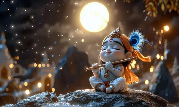 Child deity playing flute, moonlit night, temple background, religious art