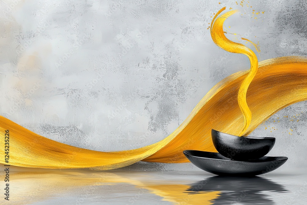 Poster providing a sense of calm and tranquility, abstract art featuring flowing golden brush strokes and b